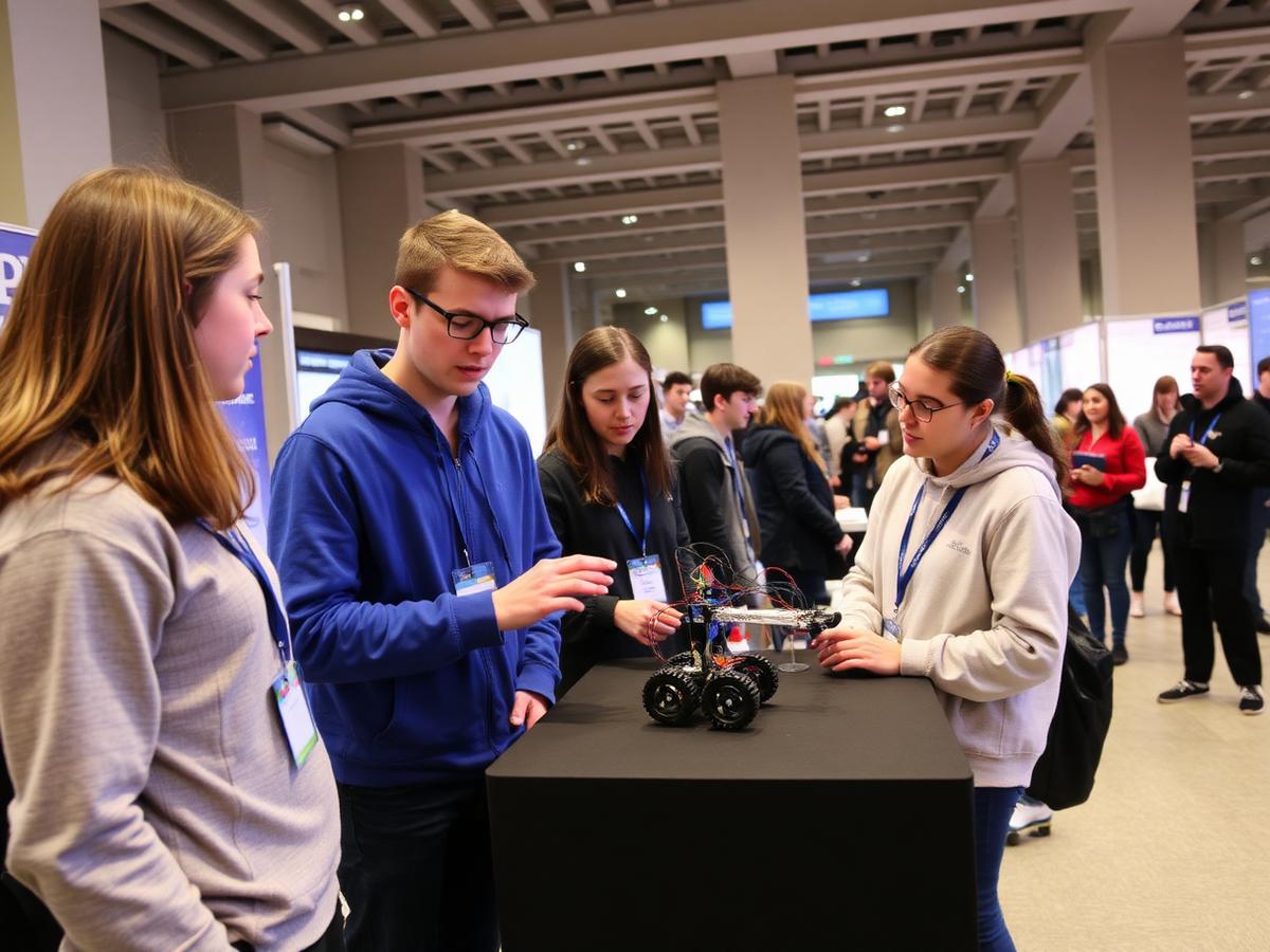 Students presenting a robotics project at a campus exhibition.